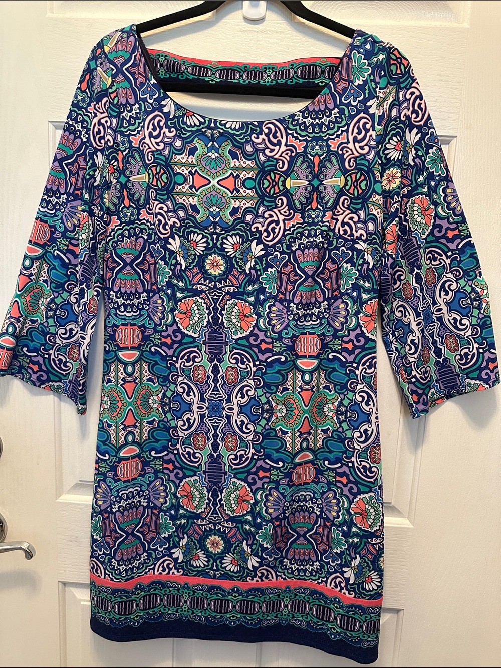 Vibrant Blue Multi-Print Shift Dress Size Small 3/4 Sleeve
